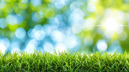 Obraz premium A tight shot of a lush green grassfield beneath a vivid blue sky In the foreground, a radiant beam of sunlight filters through, casting a brilliant green hue on the grass