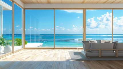  Luxury beach house. home interior space living room. sofa on wooden floor with ocean seaside blue sky view, sea beach, summer freshness travel season window view house design