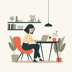 A woman freelancer, designer or businesswoman works in an office behind a laptopn