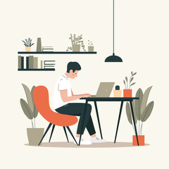 A man freelancer, designer or businesswoman works in an office behind a laptopn