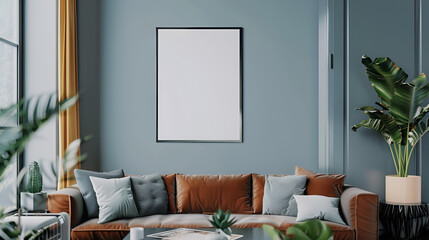 Blank poster frame on the living room wall