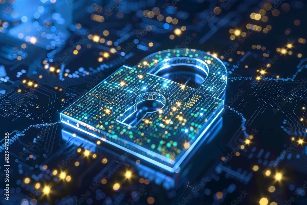 Poster network security represented by a glowing shield on a circuit board, highlighting integral cyber pro