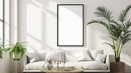 Blank poster frame on the living room wall, Three dimensional render of white sofa with empty picture frame hanging behind