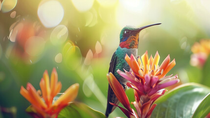 A graceful hummingbird flits among the blossoms of spring, its vibrant plumage a captivating spectacle against the backdrop of nature's canvas.