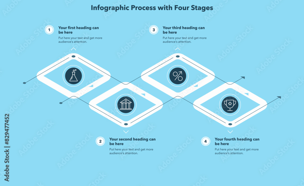 Poster Infographic process template with four stages - blue version. Isometric chart design for workflow layout, diagram, banner, web design.