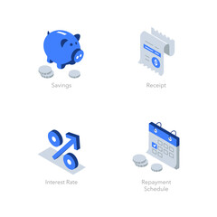 Simple set of isometric flat icons for finance 2. Contains such symbols as Savings, Receipt, Interest Rate and Repayment Schedule.