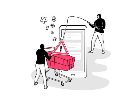 Online shopping fraud symbol with a smartphone and a fake shopping cart. Flat design, easy to use for your website or presentation.