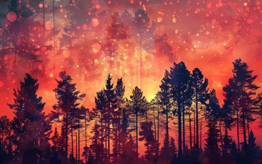 Silhouetted pine trees stand against a fiery sunset sky, with stars shimmering in the distance.