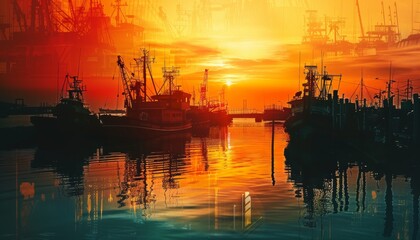 Silhouettes of fishing boats at a harbor dock during a dramatic sunset.