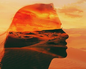 A double exposure image of a woman's profile with a desert landscape superimposed over her face. The sunset colors create a dramatic and ethereal mood.