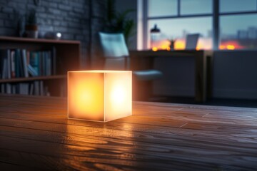 A glowing cube-shaped lamp on a wooden table in a cozy, modern living room with soft ambient lighting and a blurred background.