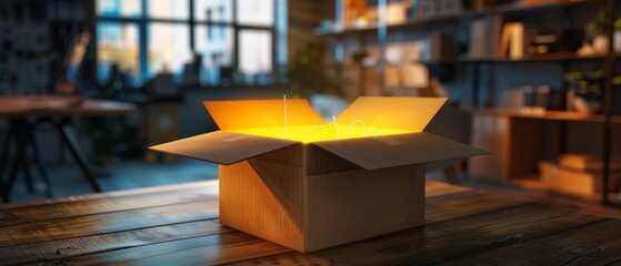 A glowing light emanates from an open cardboard box on a wooden table, creating a magical and mysterious atmosphere in a cozy room.