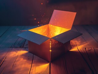 A cardboard box emits glowing light and magical sparkles, creating a sense of mystery and wonder in a dark wooden space.