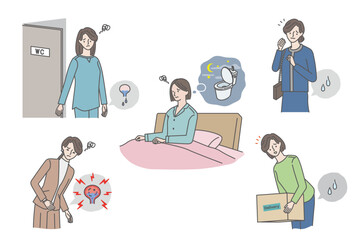 女性の尿トラブル（尿漏れ・残尿感・夜間頻尿・膀胱炎）イラストセット