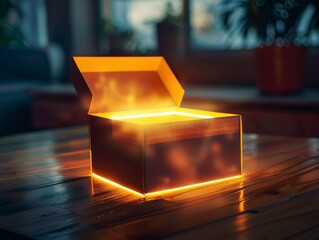 A magical glowing open box on a wooden table in a dimly lit room, emitting a warm light. Concept of mystery, discovery, and surprises.
