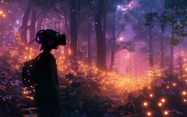 A lone figure wearing VR headset explores a magical, glowing forest.