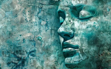 Abstract portrait of a woman with a blue and white color scheme.  The image is reminiscent of a stone sculpture or a dreamlike state.
