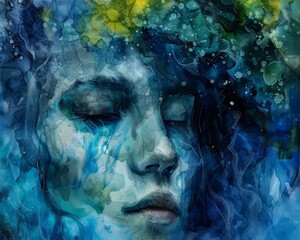 Abstract portrait of a woman with flowing blue and green hair, eyes closed, evoking serenity and tranquility.