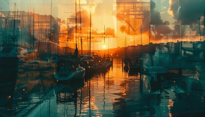 Abstract sunset over a harbor with boats and a city skyline in the background. The image is a digital art with a painterly style.