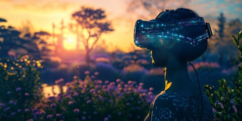 Person wearing VR headset in a beautiful sunset landscape.
