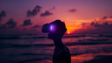 Silhouette of a person wearing VR headset at sunset on the beach.  The glow of the headset lights up the face.  The sunset creates a colorful sky.