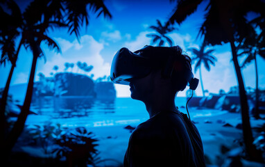 Silhouette of a person wearing a VR headset, immersed in a tropical island virtual reality experience.