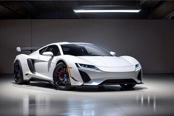 ホワイトとブラックのスポーツカー、近未来的デザイン、ガレージ内のスタジオショット、エアロダイナミクス、カーボンファイバーパーツ搭載、シャープなラインと低いプロファイル、高性能車両。