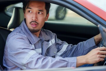 Insurance agent inside car, looking concerned. Asian man in uniform, evaluating car damage. Captures professionalism, customer support, and thorough examination after accident,