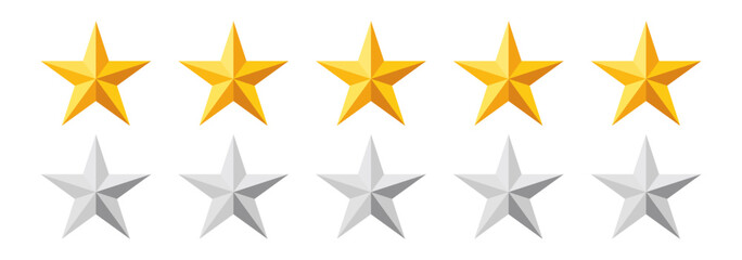 Five stars rating set. Stars quality rating icon. Star rating realistic gold star set vector