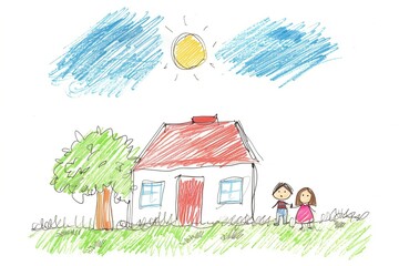 Child's drawing of a house with a tree and a happy family under the sun.