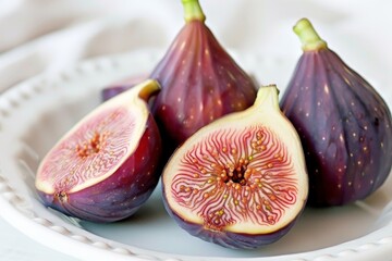 Fresh ripe figs in bowl on dark background. Close-up shot. Beautiful simple AI generated image in 4K, unique.