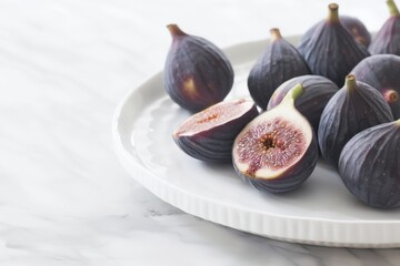 Fresh ripe figs in bowl on dark background. Close-up shot. Beautiful simple AI generated image in 4K, unique.