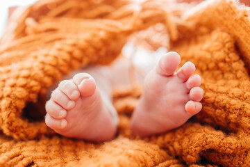 Feet of infant baby wrapped in orange blanket
