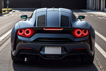 光沢のあるブラックとレッドのスーパーカーが都市の道路に停まっている。特徴的な赤いリング型テールライトとエアロダイナミクスデザインが、エキゾチックで洗練された魅力を放つシーン。