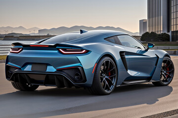 メタリックブルーのスポーツカー、洗練されたリアデザインと大型ディフューザー。エアロダイナミクスを考慮したボディライン、先進的なエキゾーストシステムを備えた高性能車。