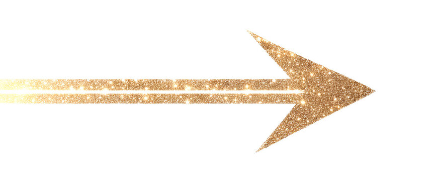 Glittering gold arrow pointing right isolate on transparent background, png, cutout