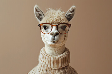 A llama wearing glasses and a sweater. The llama is smiling and looking at the camera