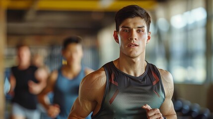 Fototapeta premium Photo of Strong young athlete fit man running in fitness gym