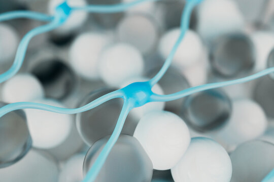 Close-up of blue bonds over white and gray spheres in molecular network connection
