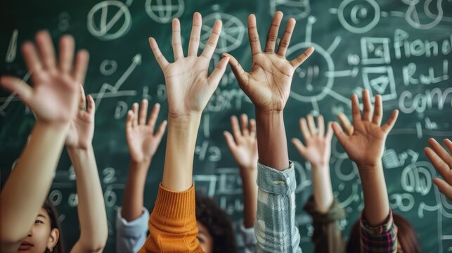 A close-up of diverse students' hands raised in a classroom, eagerly waiting to participate in discussion and learning. In the background