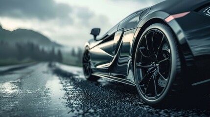 sport car with black alloy wheels on asphalt road