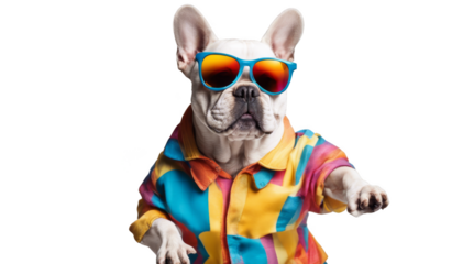 Stylish French Bulldog wearing colorful shirt and sunglasses isolate on transparent background, cutout, png