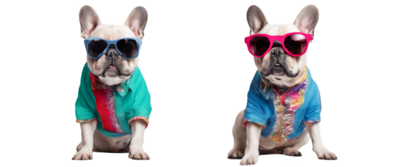 Two stylish French Bulldogs wearing colorful shirts and sunglasses isolate on transparent background, cutout, png