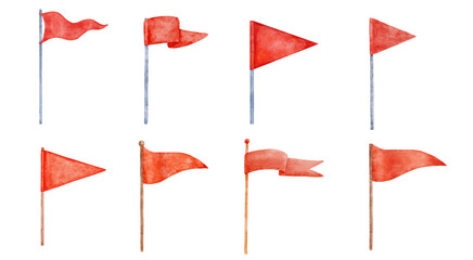 Watercolor red flags triangular shape set. Hand drawn graphic drawing isolated on white background.