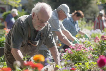 Obraz premium A group of elderly people are working in a garden, wellbeing concept