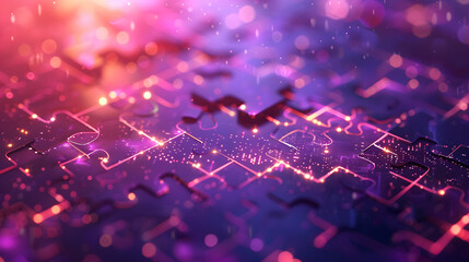 An abstract puzzle background featuring digital technology. Purple banner concept, abstract tech, innovation, and future data