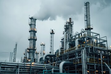 Obraz premium Oil Refinery. Industrial Plant Illuminated Amidst Pollution and Energy Production