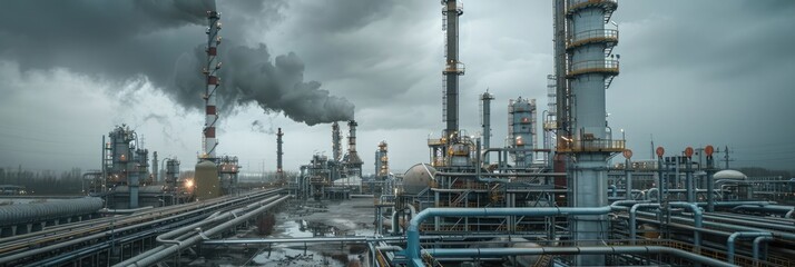Fototapeta premium Oil Refinery. Industrial Plant Illuminated Amidst Pollution and Energy Production