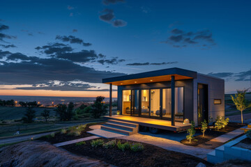 A modern tiny house trailer exterior with beautiful landscape