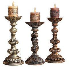 Three vintage bronze candlesticks with burning candles on a white background.